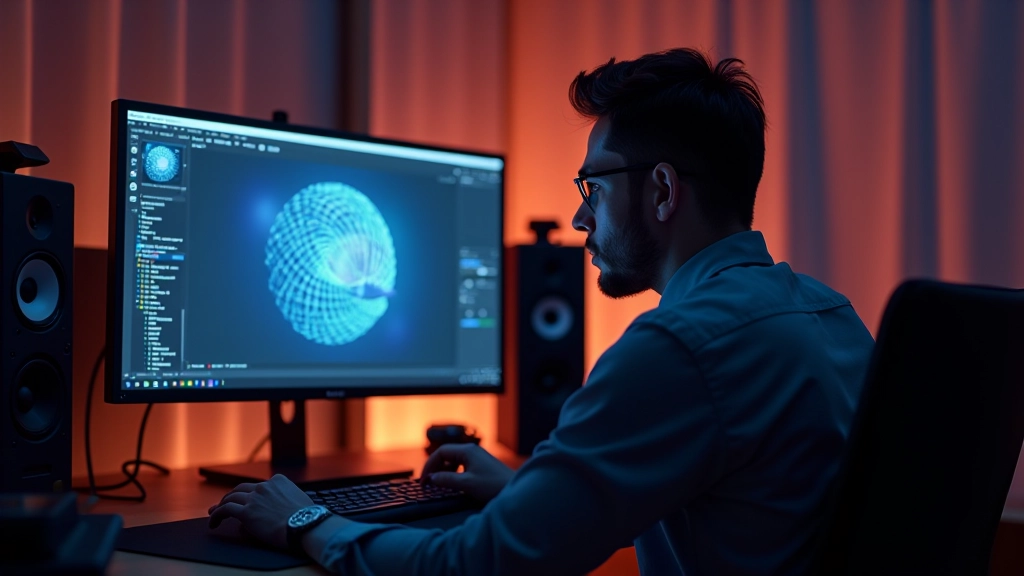 3D-ontwerper werkt aan Cinema 4D-project op monitoren met oranje en blauwe lighting