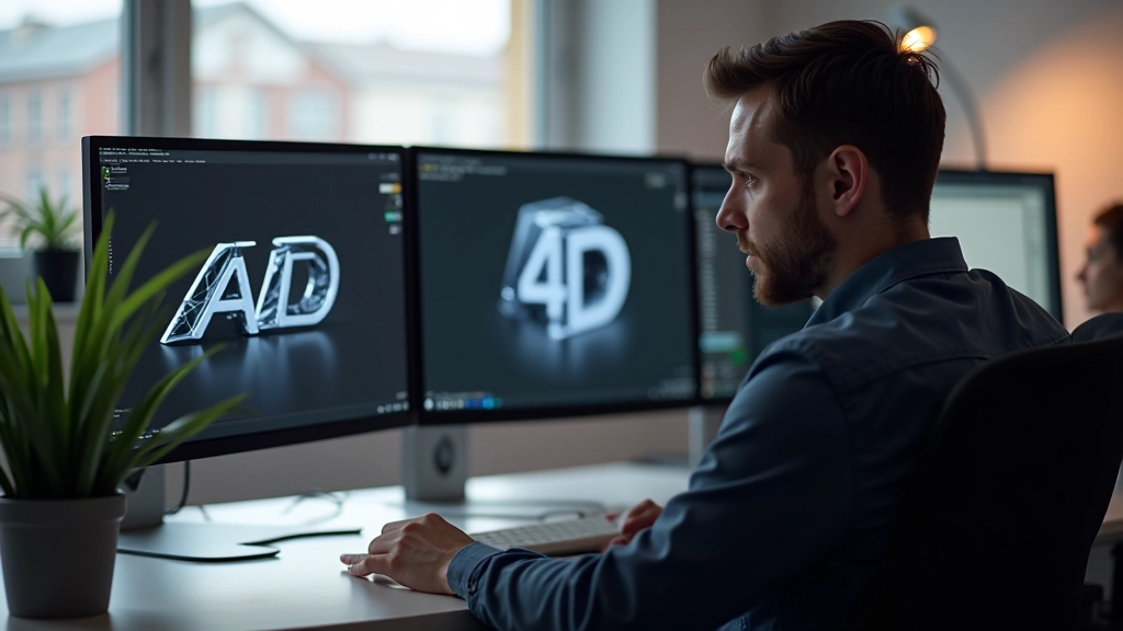 Werkstation met Cinema 4D open, 3D-tekstobject zichtbaar in viewport met reflectief material en lighting